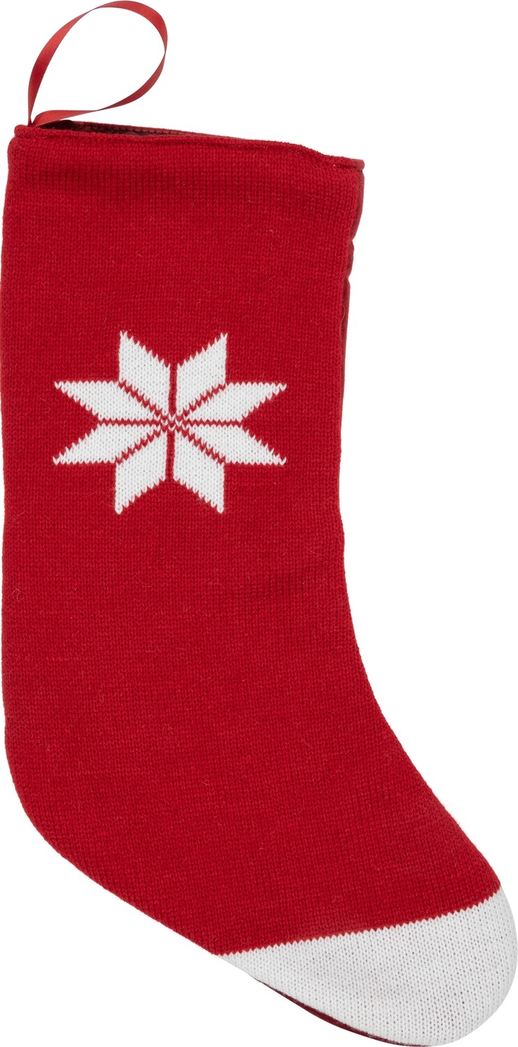 Red knit stocking with felt back, white snowflake and toe, loop for hanging, 18 in  6            