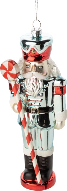 Glass large nutcracker ornament, light blue with red trim, candy cane staff, 8 in  6            
