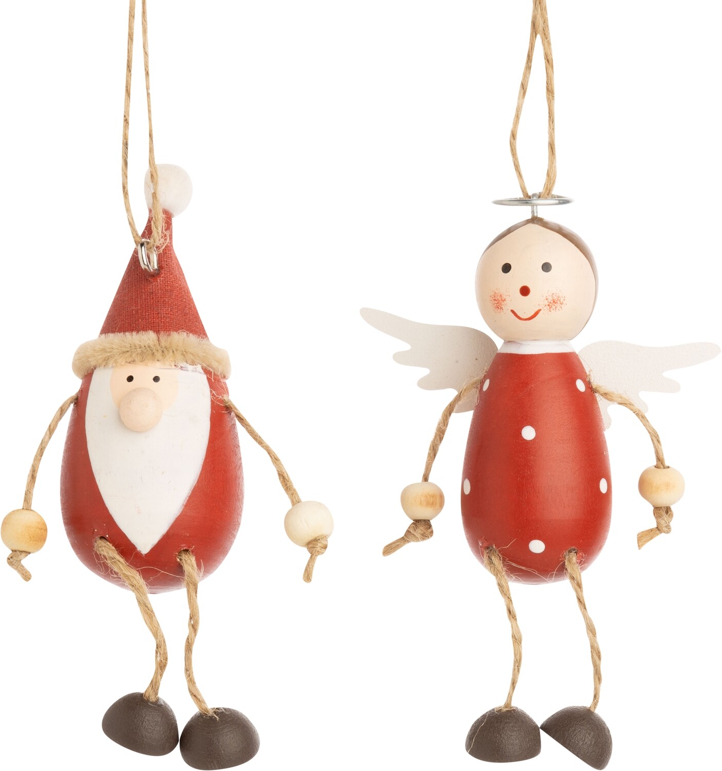 2 Asst&#39;d painted wood Santa and angel ornaments, dangling legs, 3 in  12            