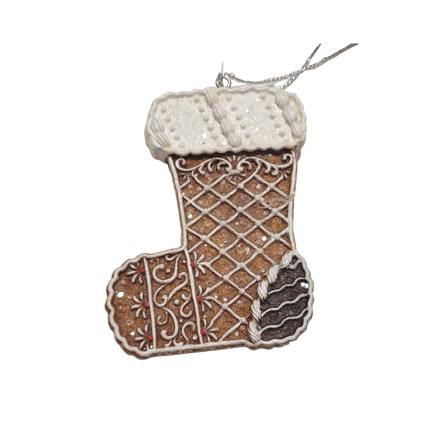 Painted resin gingerbread stocking ornament, white glitter accents, 3 in  12            