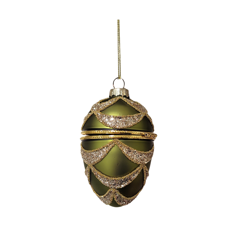 Glass hinged keepsake ornament, dark green with gold and silver swags, 3.75 in  6      