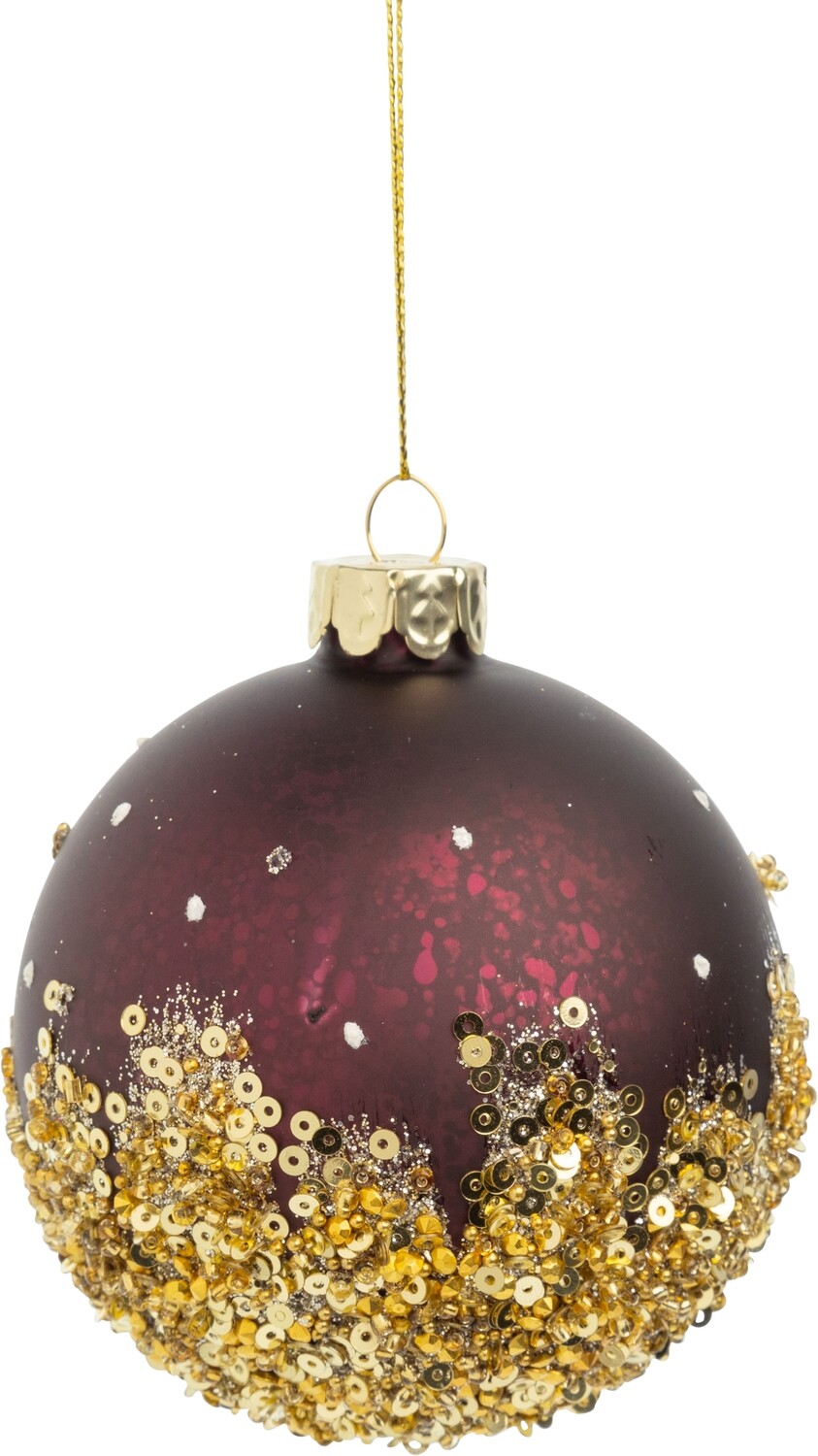 Glass ball ornament, brushed burgundy and gold with gold glitter and bead base, 80mm/3 in  12            