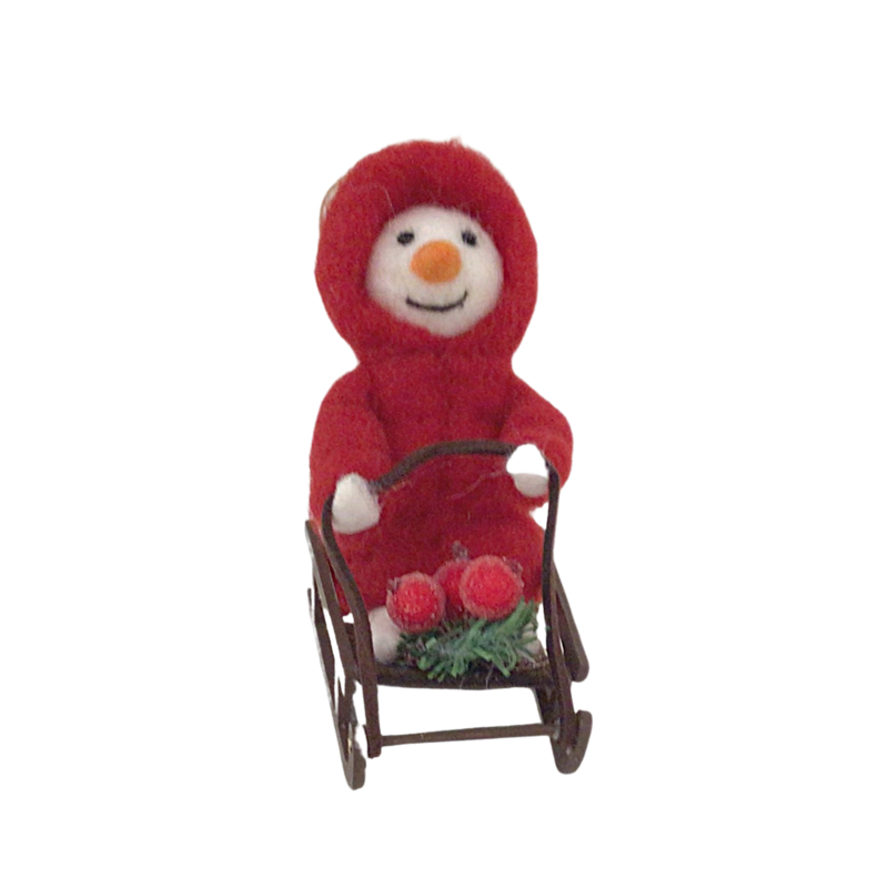 Felt Snowman in red parka on sled ornament, 5.1 in  6            