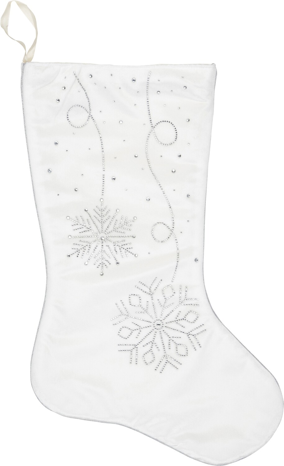 White velour stocking with clear crystal snowflake and streamer pattern, 18 in  6            