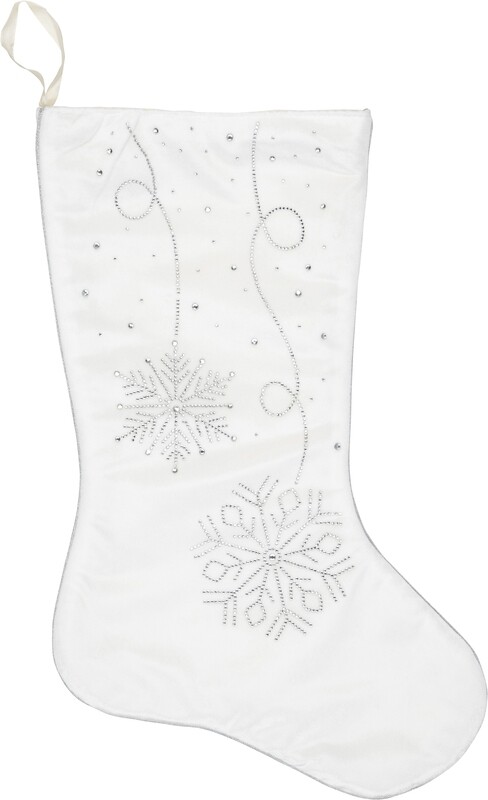 White velour stocking with clear crystal snowflake and streamer pattern, 18 in  6            