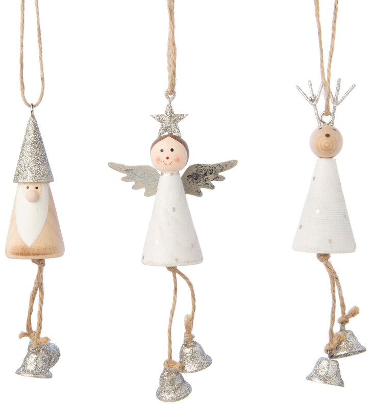3 Asst&#39;d painted wood body mini angel Santa and reindeer ornaments silver glittered accents, 2 in  24      
