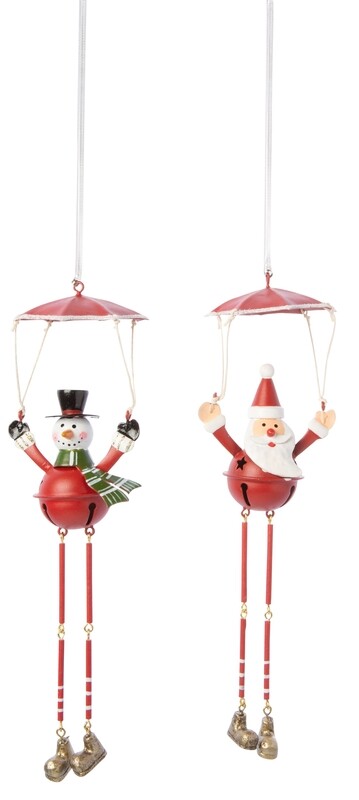 2 Asst&#39;d metal Santa and snowman with dangling legs, parachuting ornaments, 9.5 in  12      