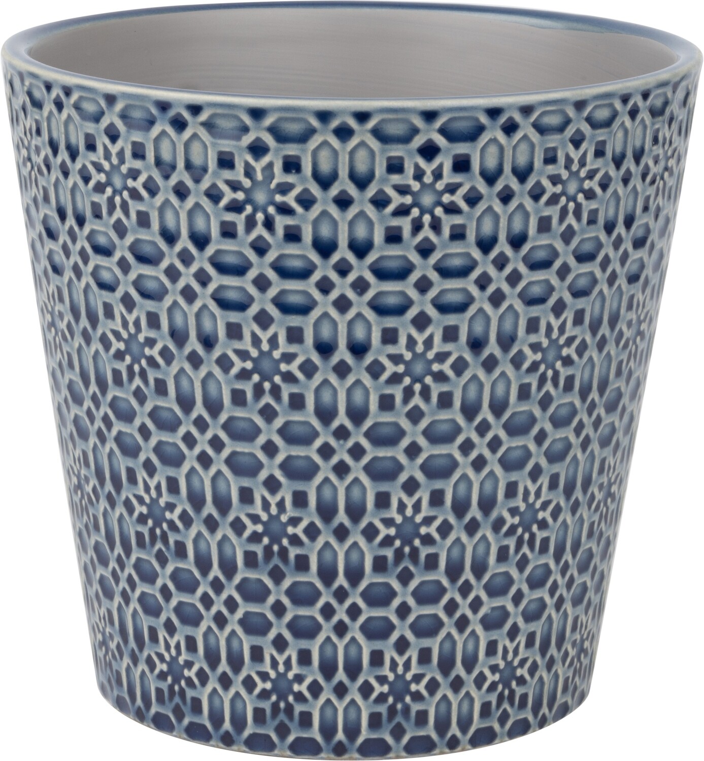 Tapered ceramic pot cover, geometric floral pattern, dark blue, 6.3x6.3x6 in  4              