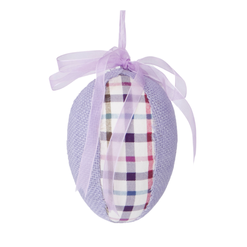 Light purple fabric covered egg with check trim and organza ribbon, 5in pack 6     -25NP