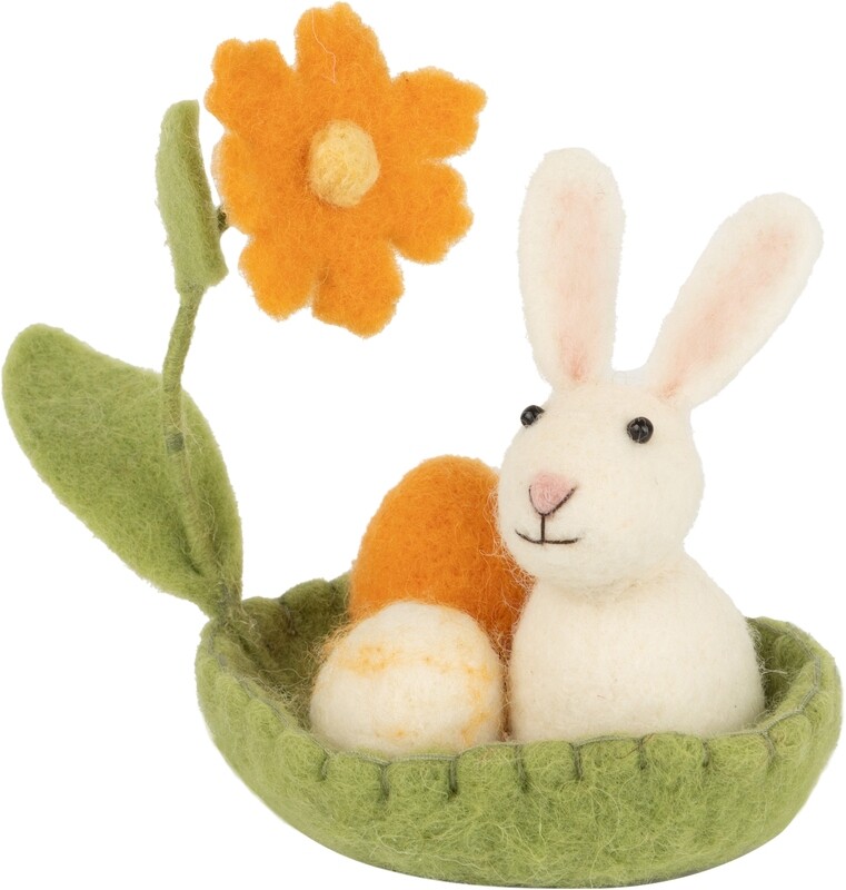 Felt bunny table piece, white in felt green felt basket, 5 in  4       