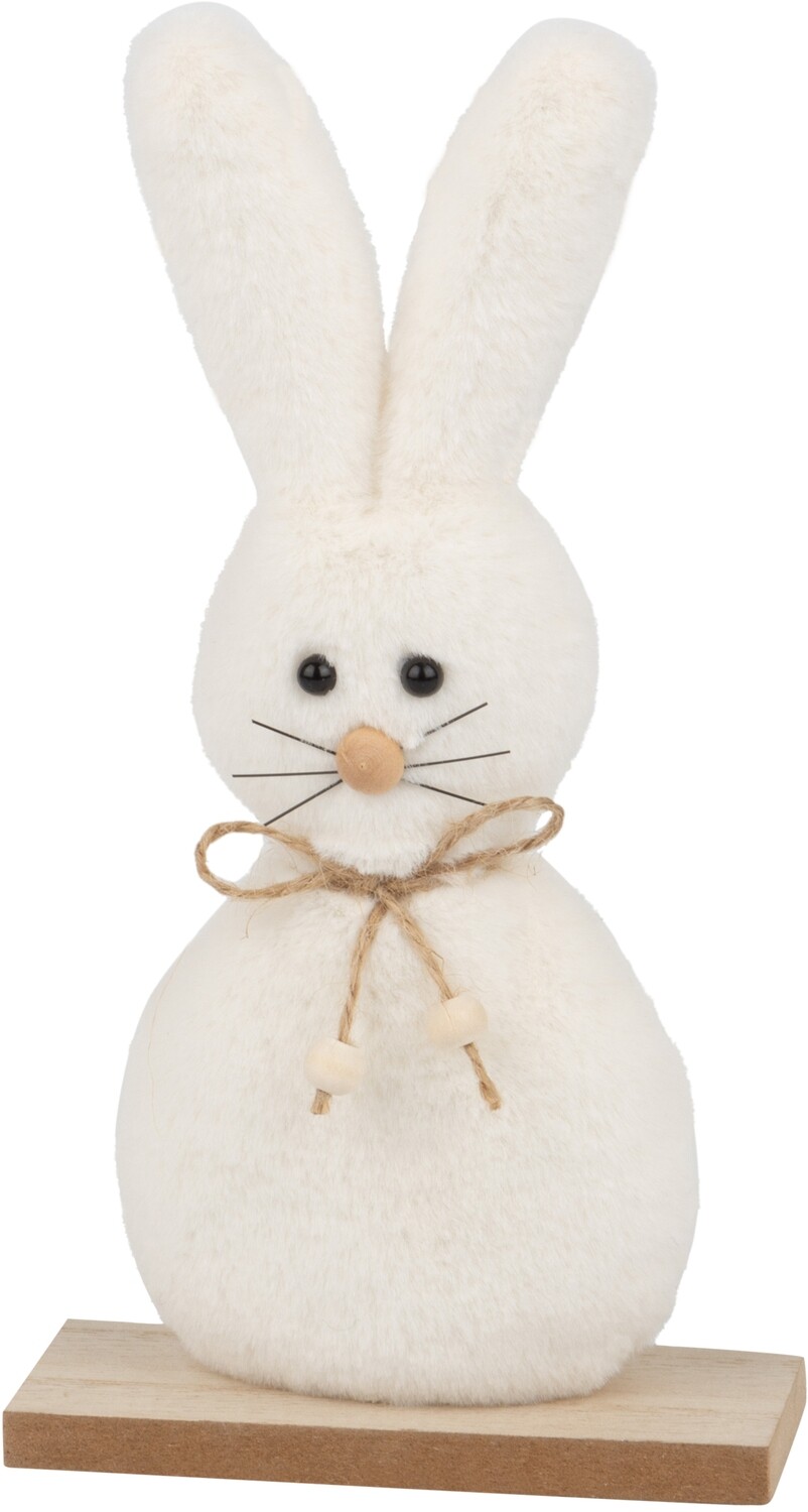 White plush bunny on wood base table piece, 8.5 in  12       