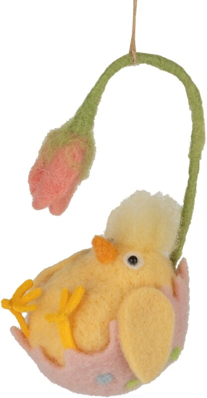 Felt chick ornament in felt hanging flower cup, 6 in  4       
