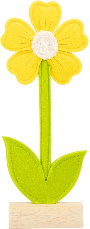 Yellow felt daisy table piece on wood base, 12 in  6