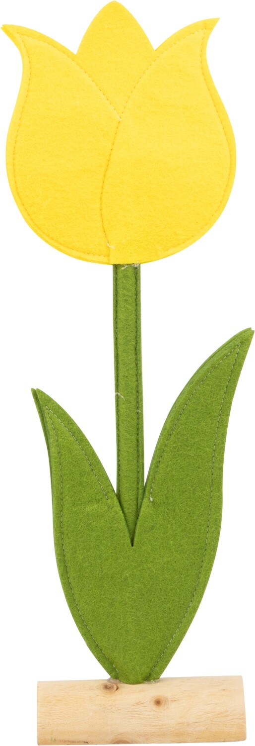 Large open yellow felt table piece tulip on wood base, 15.75 in  6
