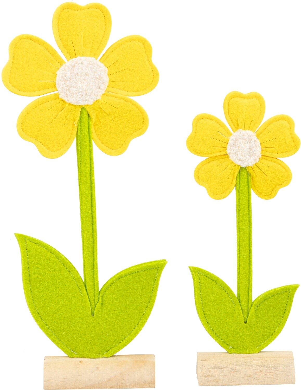 Yellow felt daisy table piece on wood base, 12 in  6