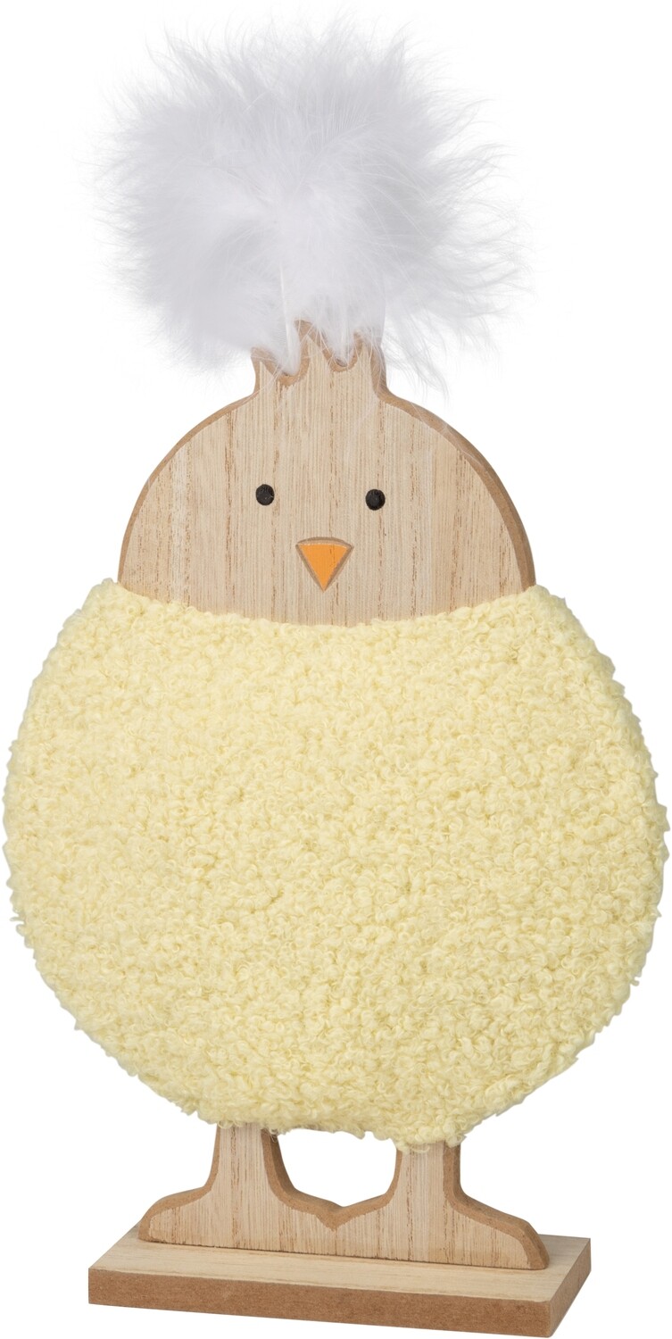 Wood chick table piece, plush body, feather hair on wood base, 10 in  6       