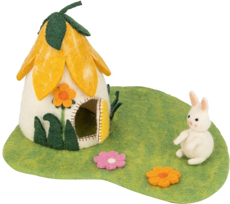Felt floral fairy house on green felt play pad, mini bunny and flowers, natural and yellow house, 8x 12 in  2