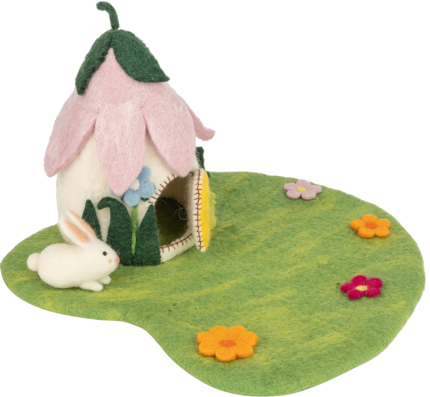 Felt floral fairy house on green felt play pad, mini bunny and flowers, natural and pink house, 8x12 in  2       