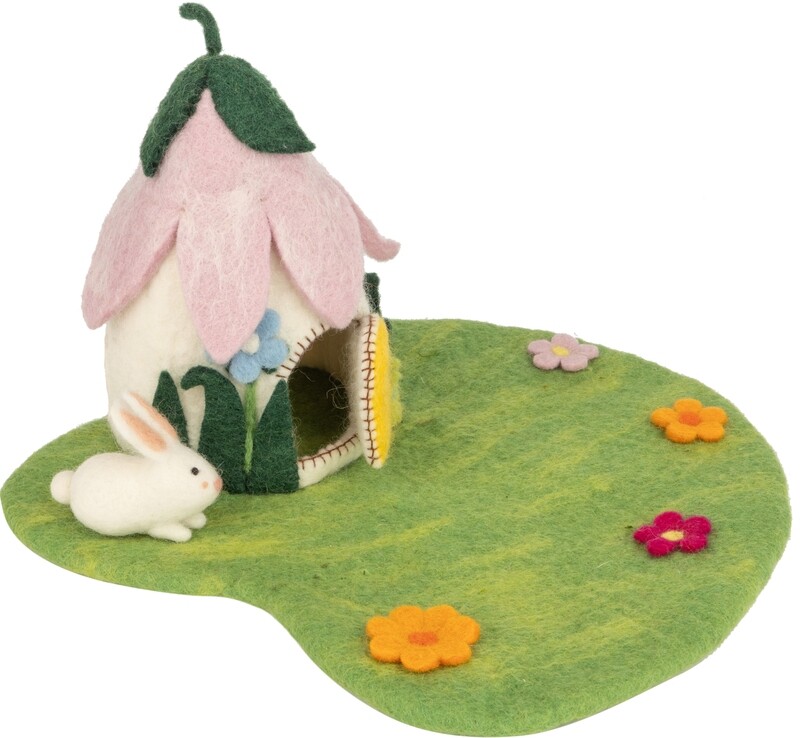 Felt floral fairy house on green felt play pad, mini bunny and flowers, natural and pink house, 8x12 in  2       