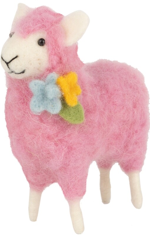 Felt sheep table piece pink with blue flower lapel, 4.5 in  6       
