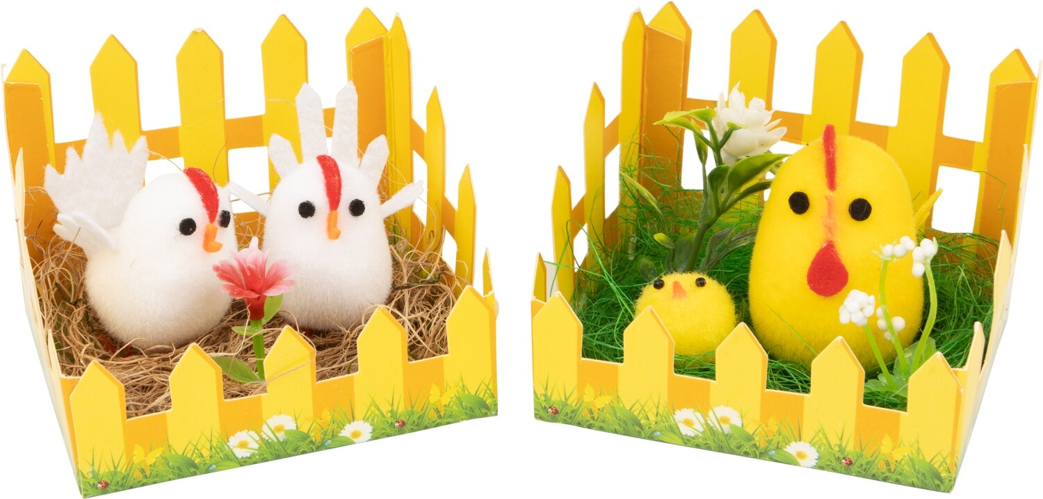 2 Asst&#39;d flocked chick decorations yellow, white in paper fence, 3 in  24 SHIP JAN 2024