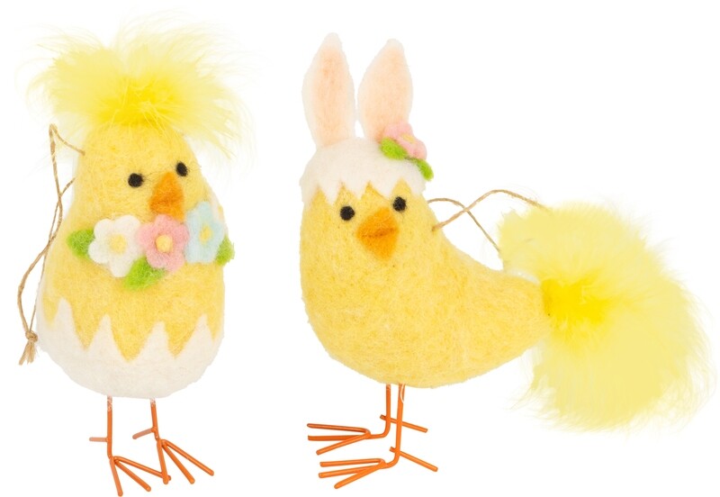 2 Asst&#39;d felt chicks table pieces/ornaments, fluffy hair and floral trim, 6 in  12       
