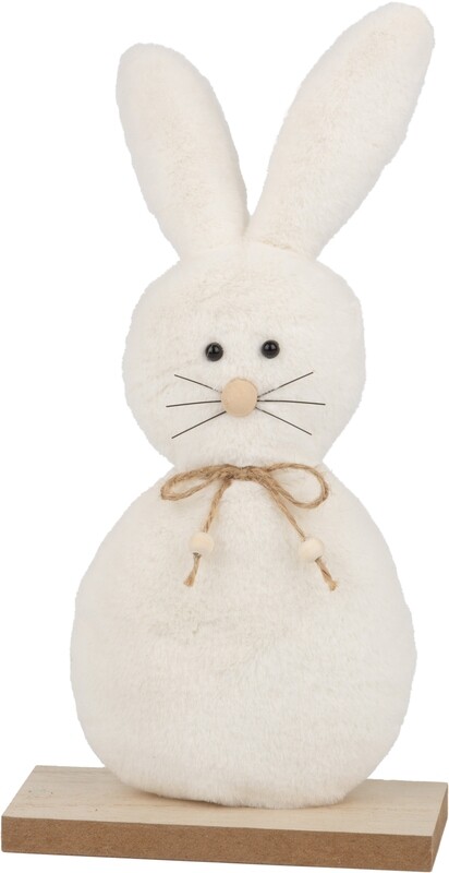 White plush bunny on wood base table piece, 11 in  12       