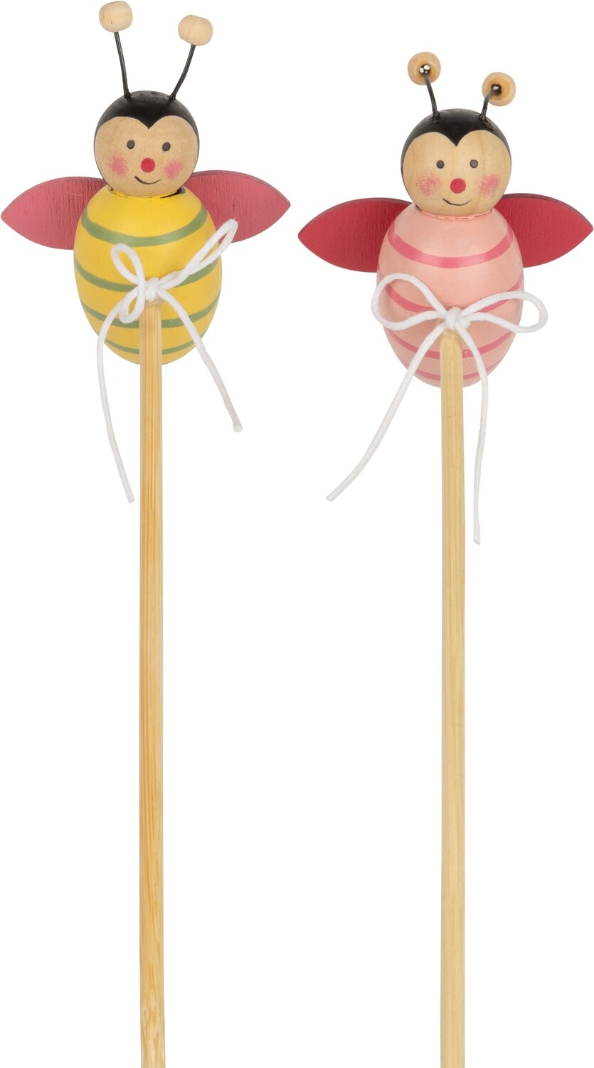 2 Asst&#39;d wood bumblebee basket/flower pot picks, pink and yellow, 10 in  24       