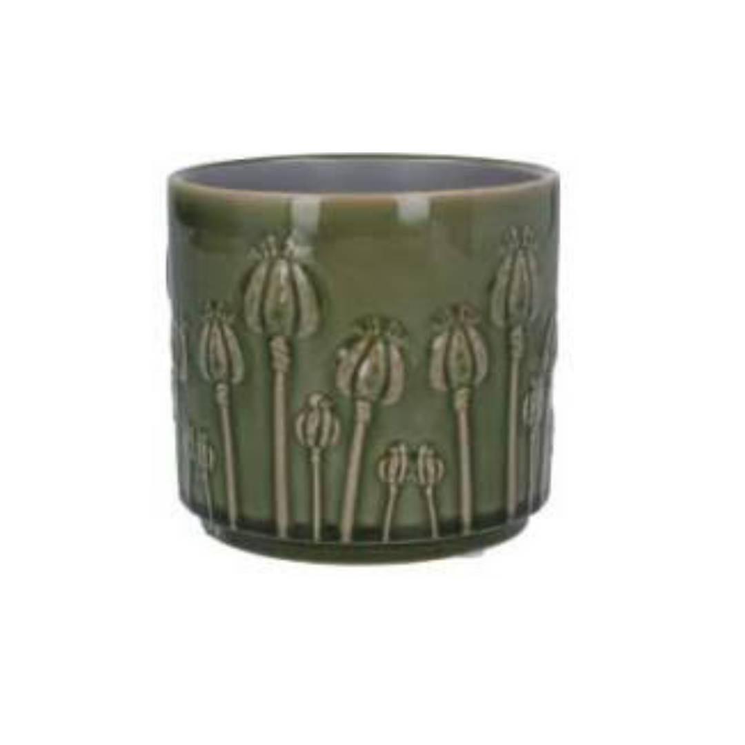 Poppy bud pattern ceramic pot cover, olive green, 3x3x2.75 in  8              