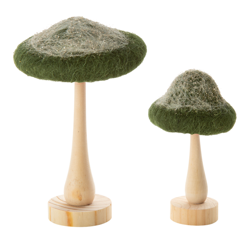 Set of 2 wood mushroom table pieces, dark green felt tops with light glitter accents, 5.1 in  6            