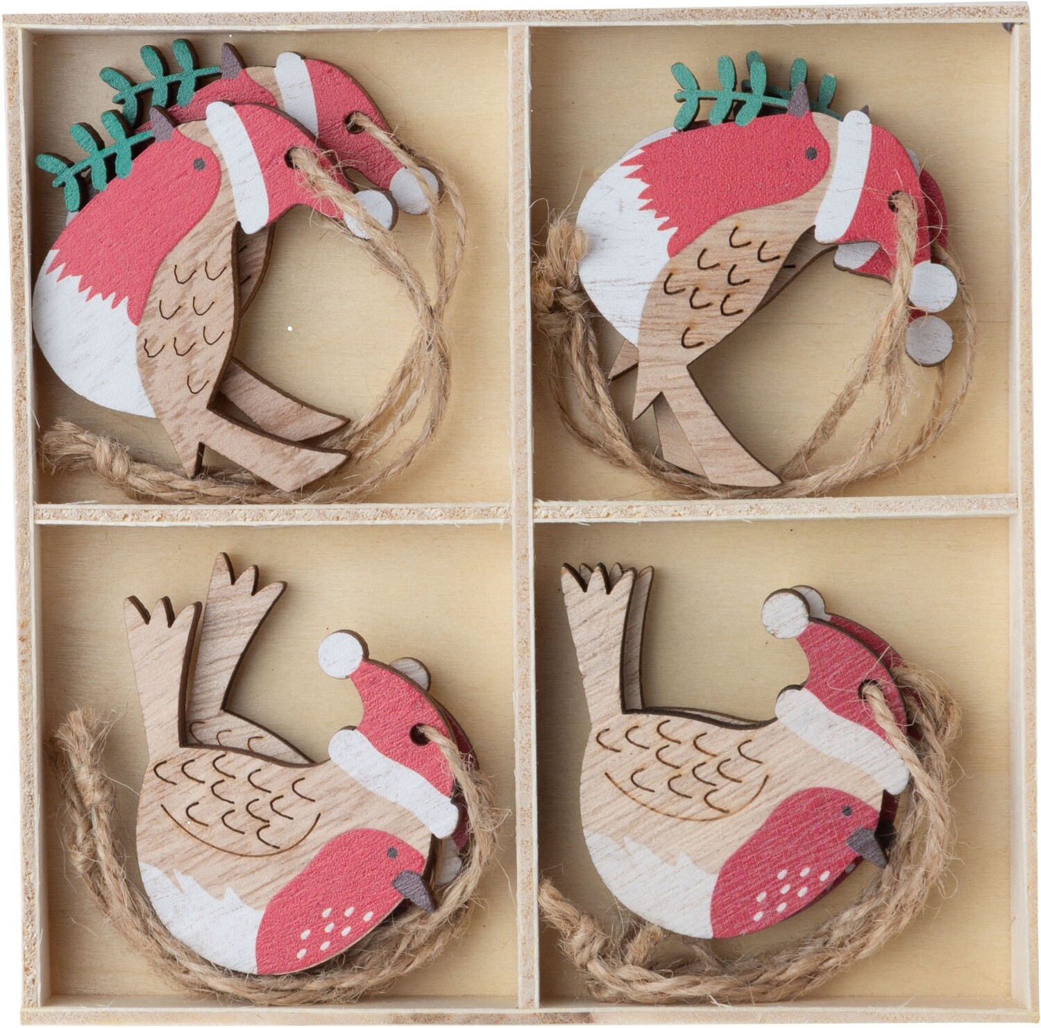 Boxed set of 8 wooden Christmas bird ornaments, painted wood red &amp; white approx 2 in each  6      