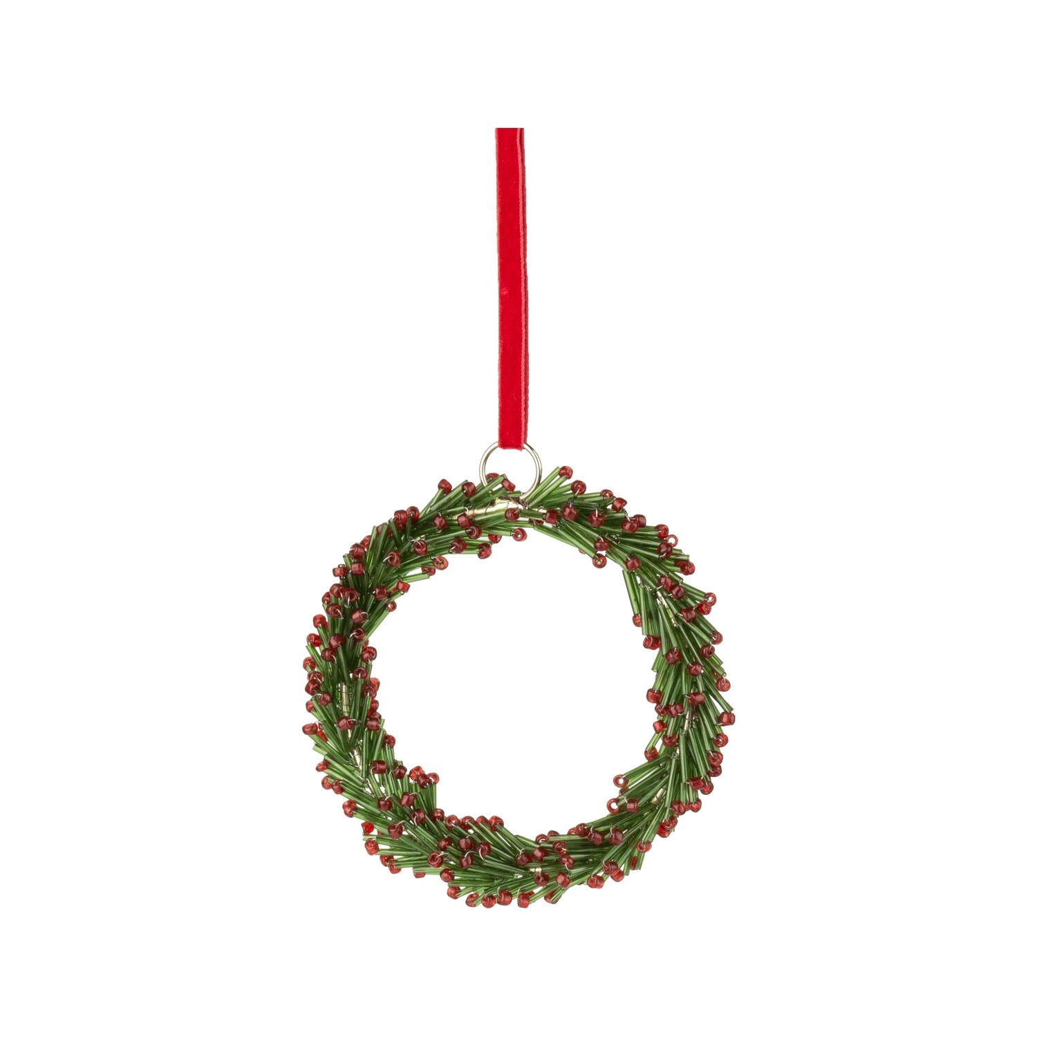 Glass bugle bead wreath ornament, green with red berries, 4 in  12      
