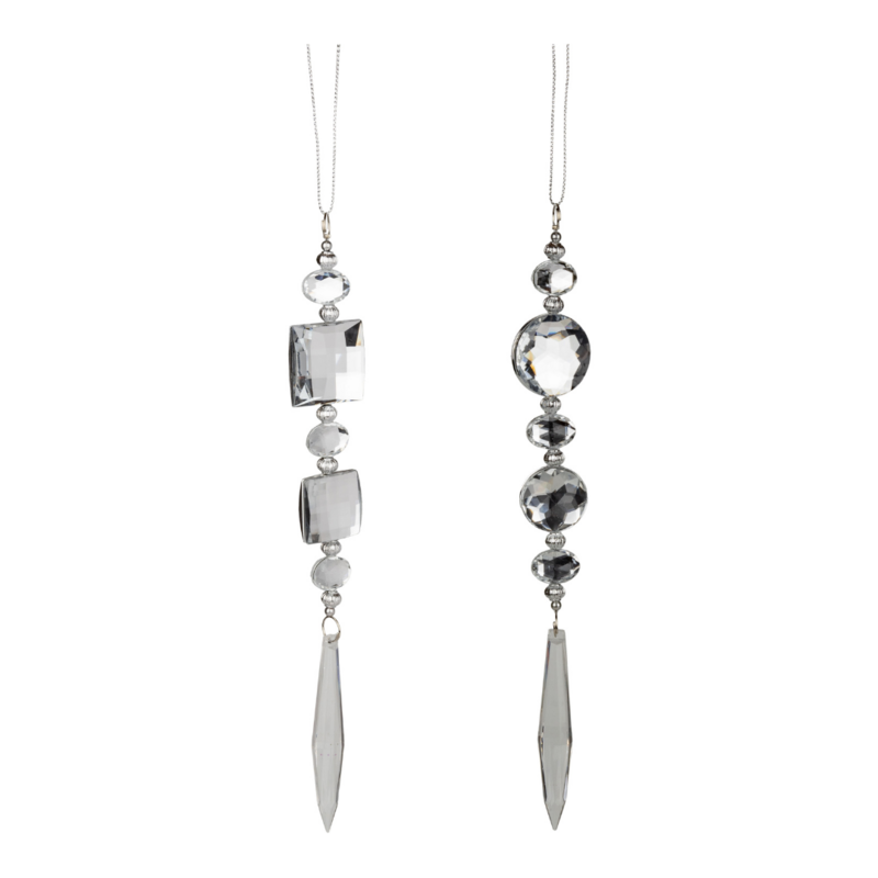 2 Asst&#39;d silver mirror and clear acrylic drop ornament, 9 in  12            