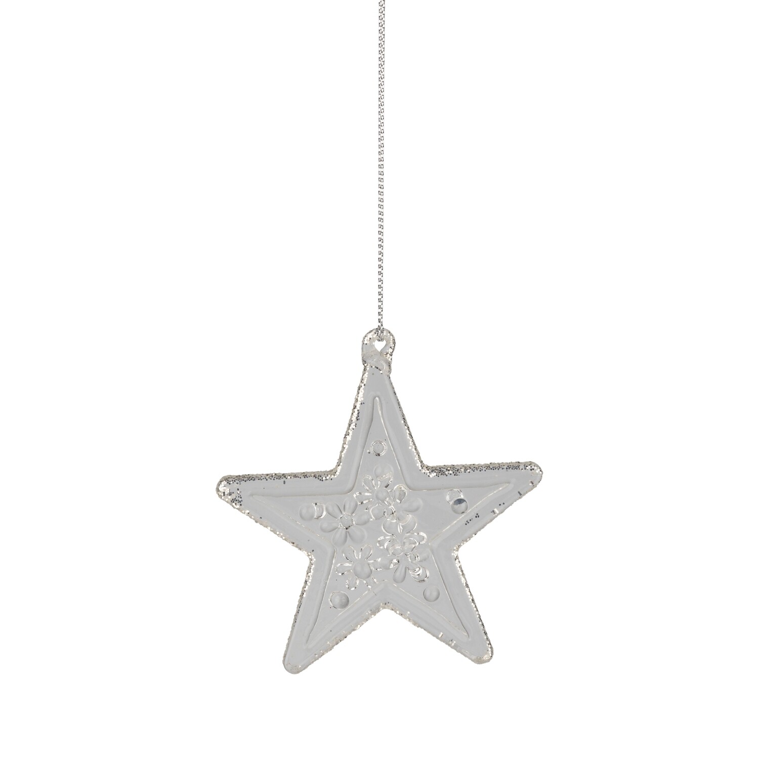 Molded glass star ornament, clear with platinum silver glitter edge, 2.5 in  12      