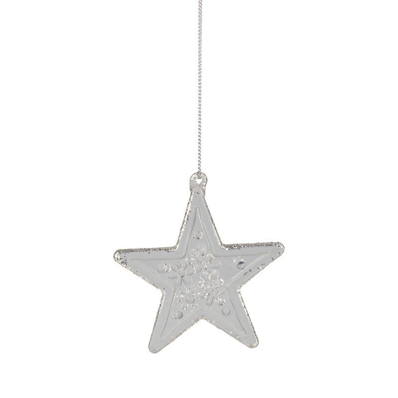 Molded glass star ornament, clear with platinum silver glitter edge, 2.5 in  12      