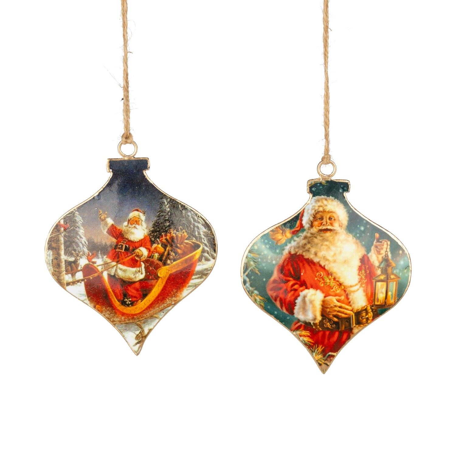 2 Asst&#39;d kismet shape metal vintage Santa ornament, 4 in  24            