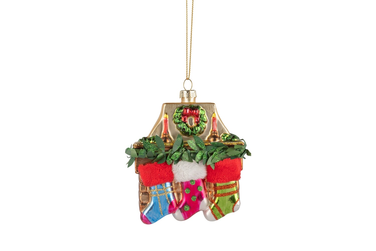 Glass mantle with stockings ornaments, multi color, 3.5 in  6            