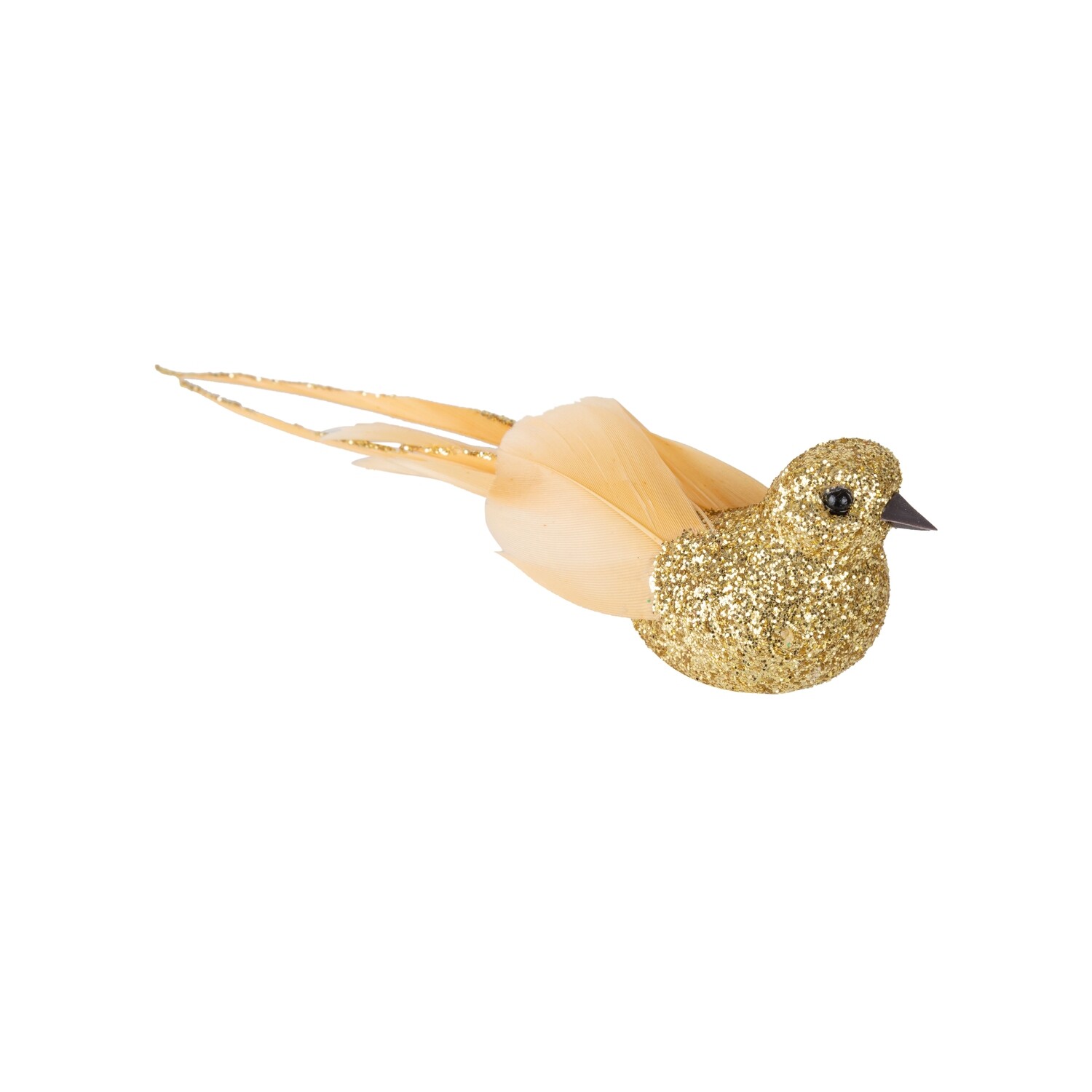 Gold glitter bird clip on bird ornament with feather tail, 5 in  12            