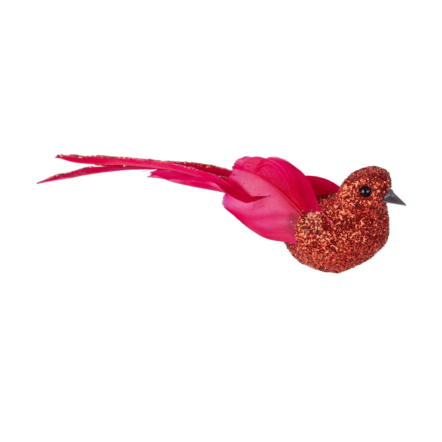 Red glitter bird clip on bird ornament with feather tail, 5 in  12            