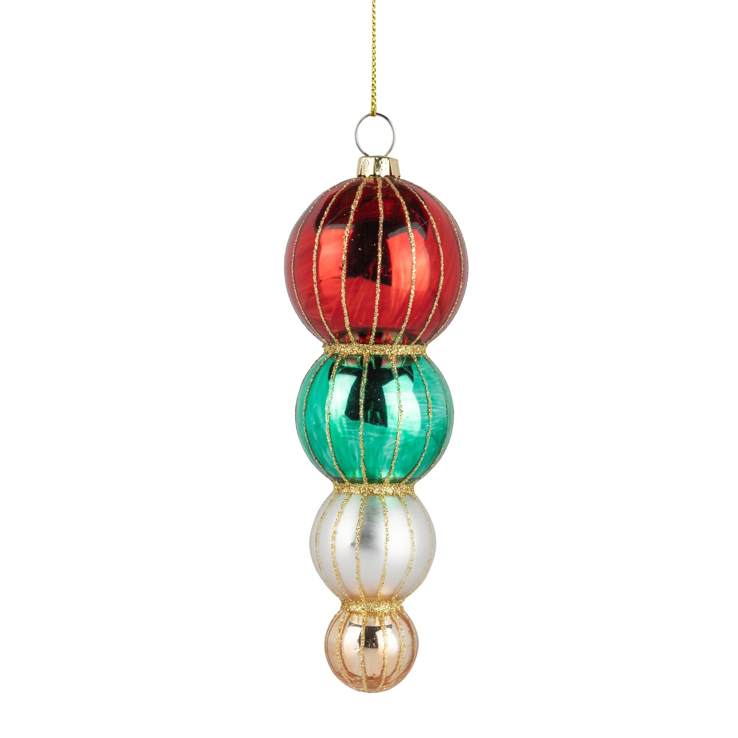 Glass drop ball finial ornament, red, white, gold, green, 6 in  6            