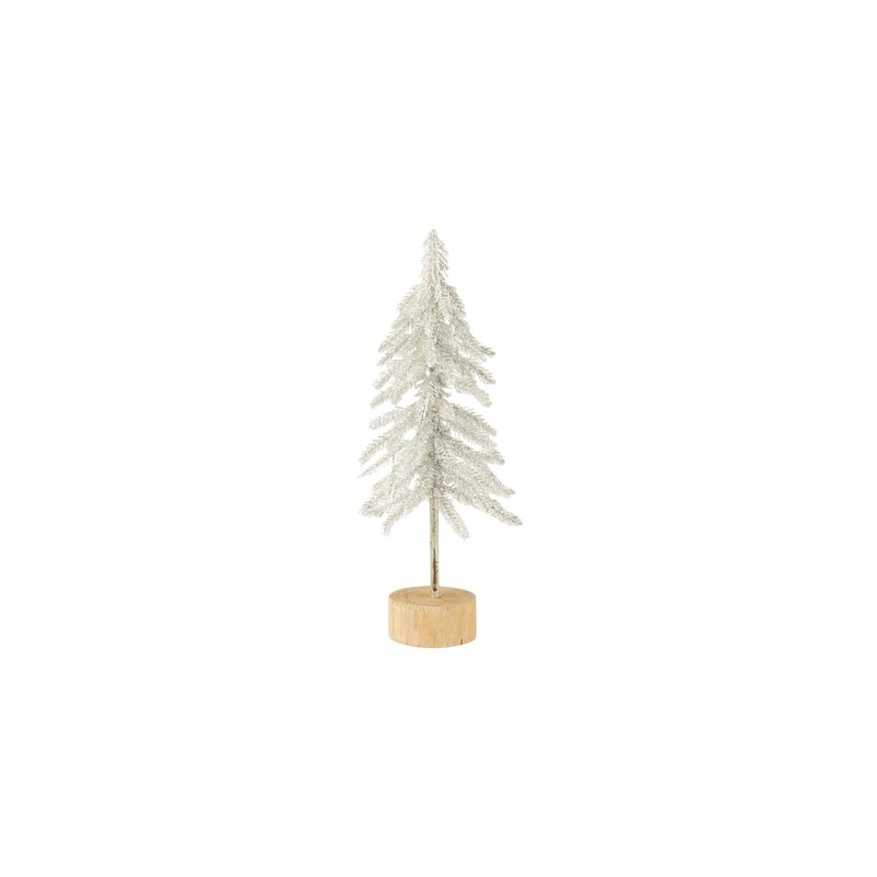 Frosted silver glitter on white branch table top trees on round wood base, 11 in  8      
