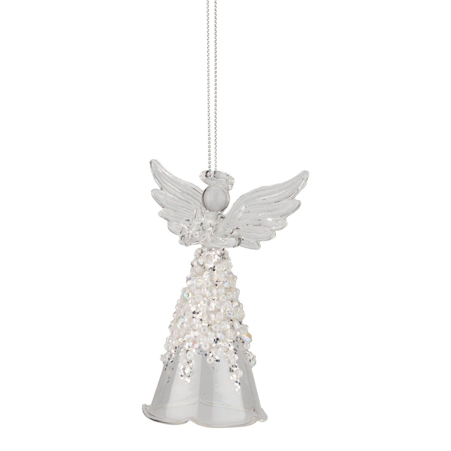 Glass angel ornament/table piece, clear with platinum silver glitter, 4 in  12