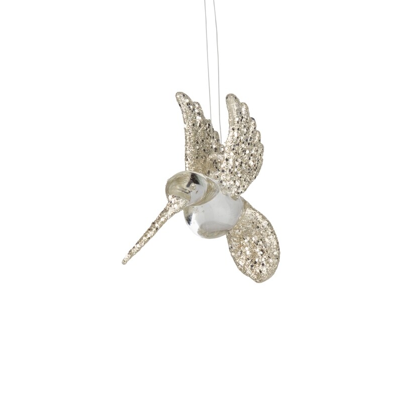 Glass hummingbird ornament, clear with silver glitter wings, 3 in  12      