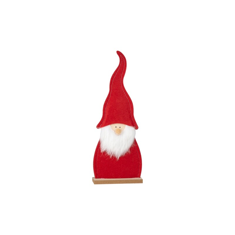 Red felt gnome with white beard on wood base, 12 in  6            