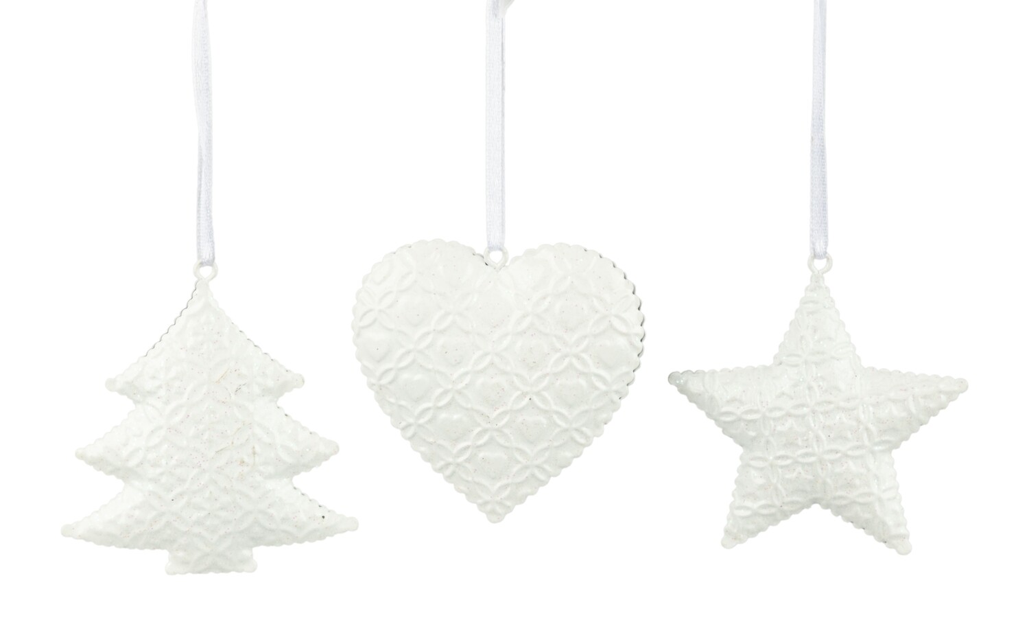 3 Asst'd embossed silver ornament, tree, star and heart, 3 in  36            