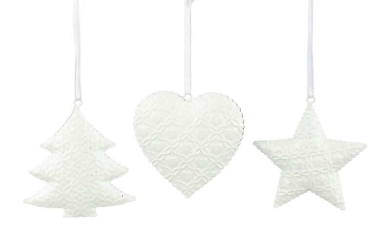 3 Asst&#39;d embossed silver ornament, tree, star and heart, 3 in  36            