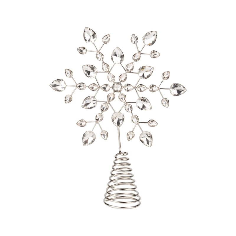 Glass oval bead snowflake tree topper on silver metal setting and base, 11 in  6            