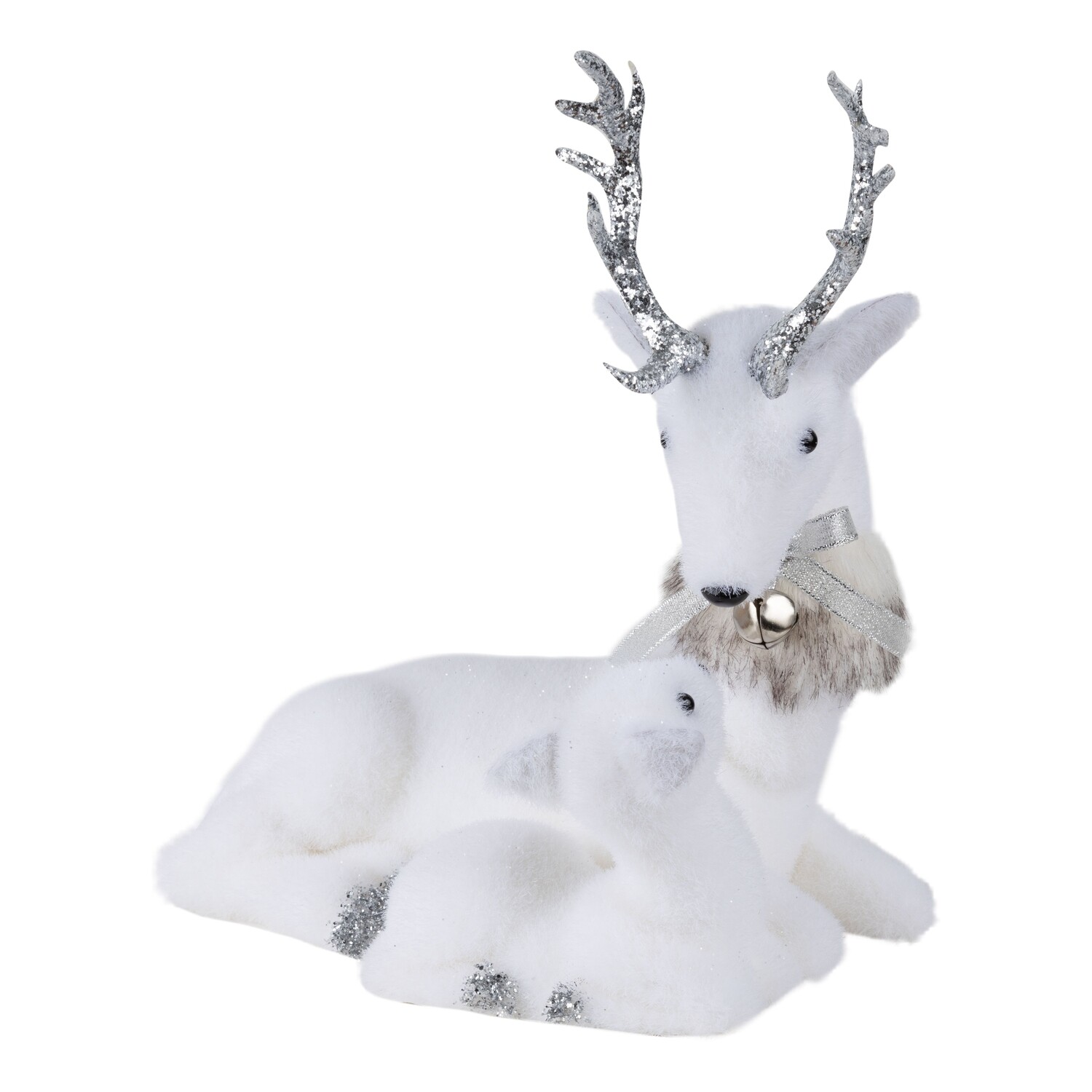 Flocked reindeer stag with fawn table piece, glittered antler and grey scarf, 10x11 in  2            