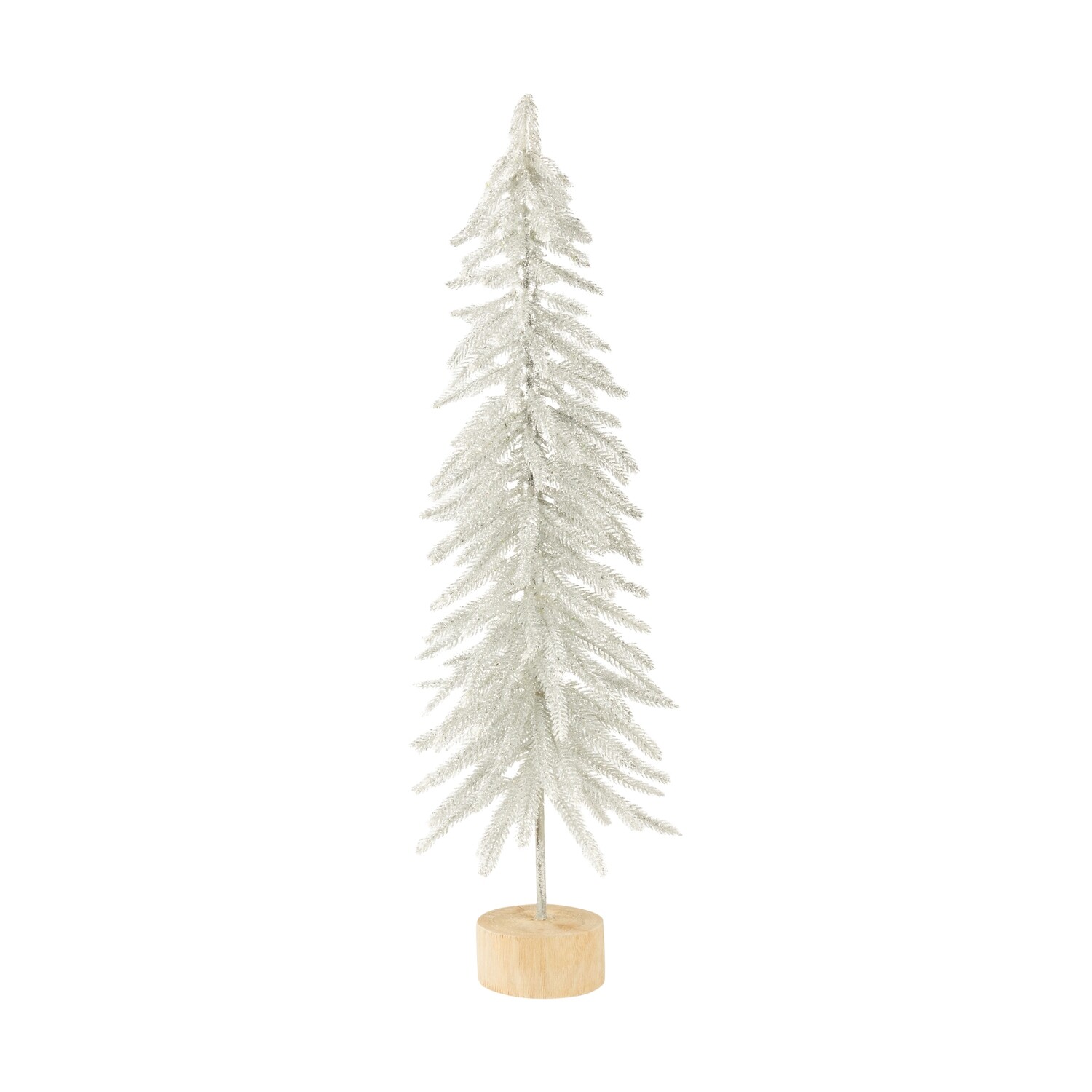 Frosted silver glitter on white branch table top trees on round wood base, 22 in  4      