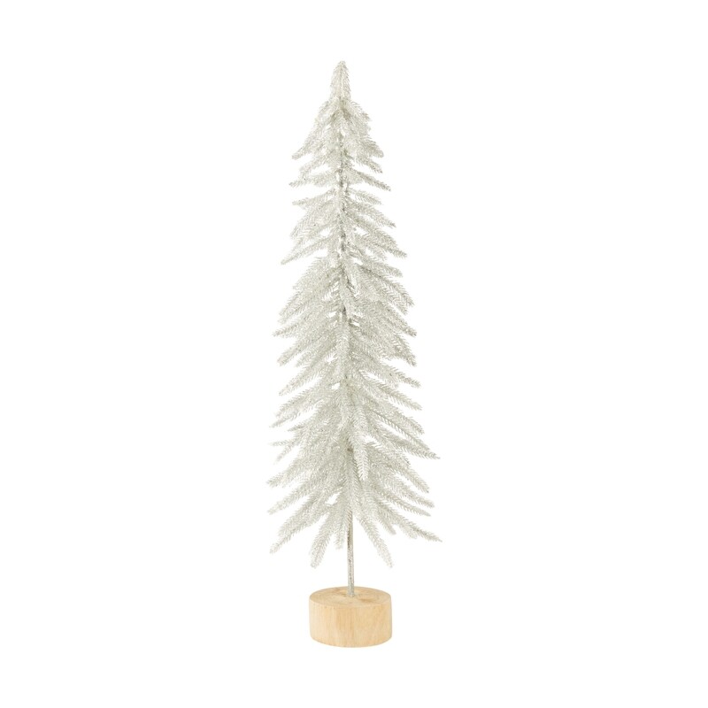 Frosted silver glitter on white branch table top trees on round wood base, 22 in  4      